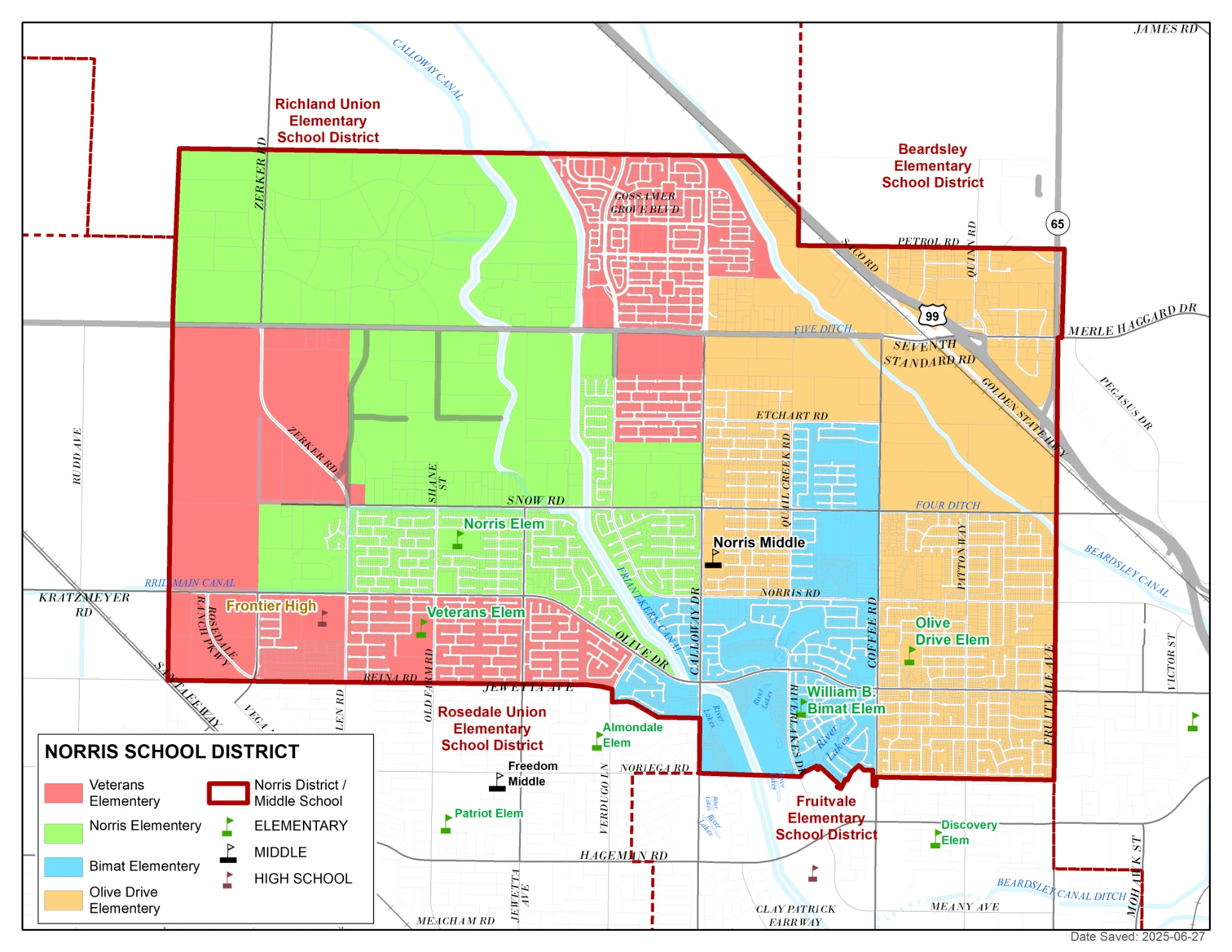 Norris School District boundary map, dated June 27, 2025, showing four color-coded elementary attendance areas — Veterans, Norris, William B. Bimat, and Olive Drive — inside the district boundary, with Norris Middle School serving the whole district. The written description of each attendance area follows below.